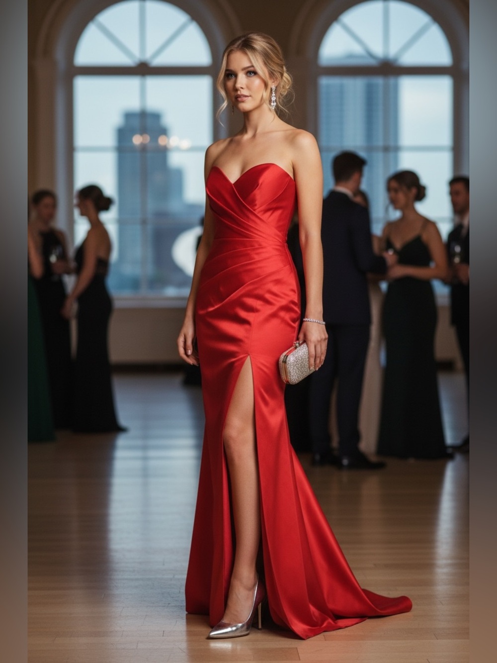 Terani Couture Strapless Red Taffeta Evening Gown with Thigh Slit